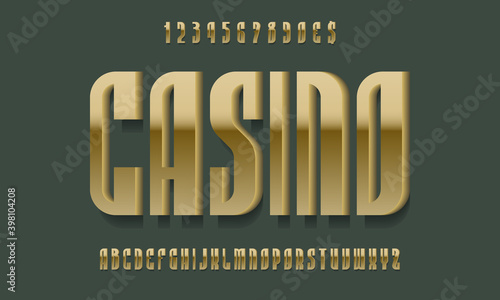 Casino alphabet with numbers of golden 3d symbols with shadow. Luxurious display font. Vector isolated english alphabet.
