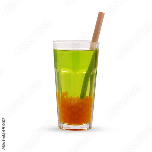 Green bubble tea with orange tapioca pearls in glass beaker, isolated on white background.