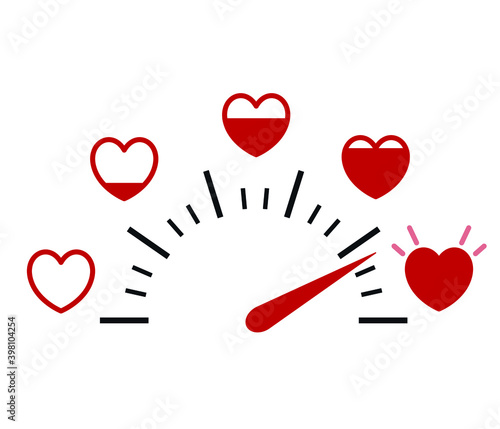 Love heart filled with speedometer symbol. Valentines Day Flat Style Love Meter Red Hearts Vector.
