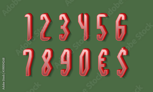 Stylish red 3d numbers and currency signs with shadow. Volumetric display font.
