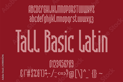 Tall Basic Latin display font. Stylish typeface with uppercase and lowercase letters, numbers and punctuation in antique style.