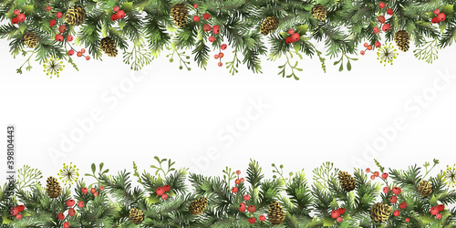 Christmas, New Year border with branches of Christmas tree, holly berries, cones and space for text. Christmas background.