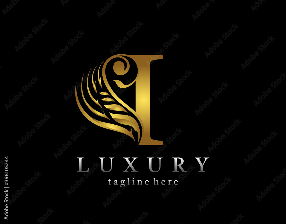 Golden initial I letter luxury beauty flourishes ornament monogram logo