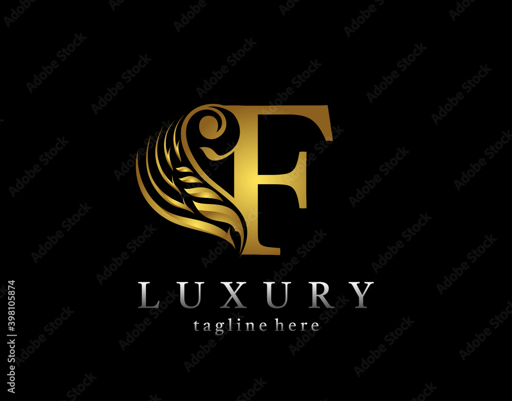 Golden initial F letter luxury beauty flourishes ornament monogram logo