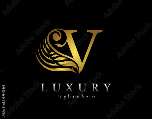 Golden initial V letter luxury beauty flourishes ornament monogram logo