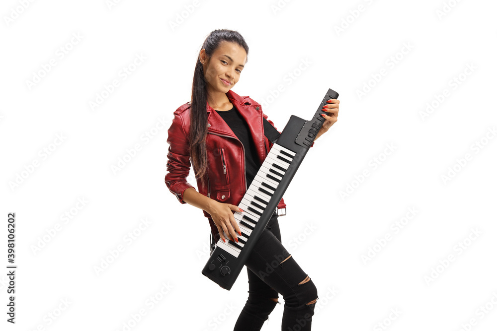Young woman in a leather jacket playing a keytar synthesizer