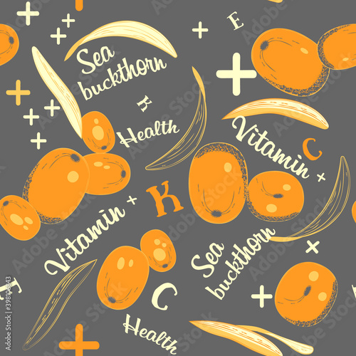 Seamless pattern of sea buckthorn berries and leaves. Bright orange fruits on a gray-blue background. Can be used for wallpaper, textile, packaging, cards, covers. Vector illustration.
