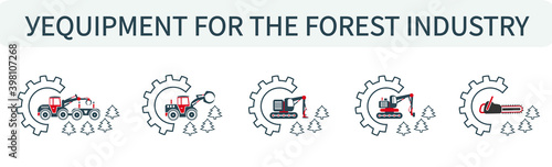 Vector illustration set of logos, icons of machines, equipment for the forest industry and logging.