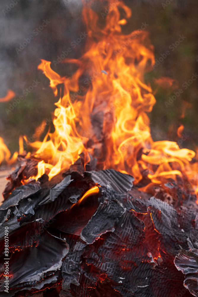 Pile of burning cardboard and waste paper Pile of burning cardboard and waste paper