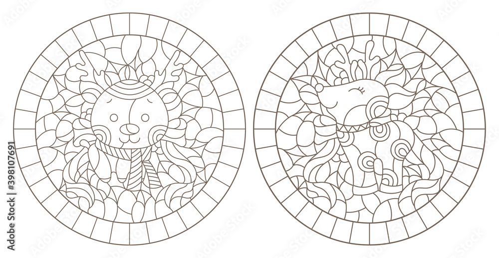 Set of contour illustrations of stained glass Windows with funny cartoon deers and Holly,  dark contours on a white background