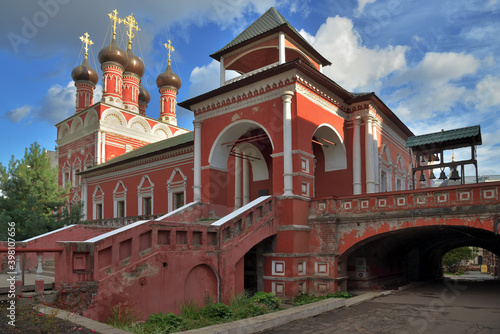 Church of St. Sergius of Radonezh with refectory (1694) and belfry, Vysokopetrovsky Monastery male monastery on Petrovka street, in center area of Moscow, Russia