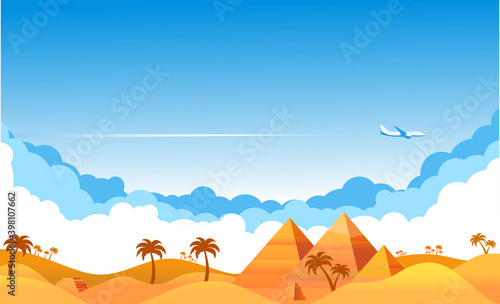 Blue sky with clouds and an airplane flying over yellow sandy desert. Airliner over an oasis in desert with palm trees and pyramids. Illustration, vector