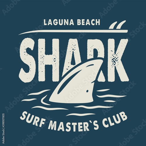 Surfing print of shark fin and surf board on waves. Vector illustration hawaii summer t-shirt design