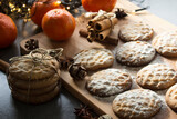 Sweet biscuits on a table. Christmas menu ideas. Top view photo of homemade bakery. 
