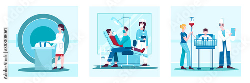 Collection of doctors examines patient.