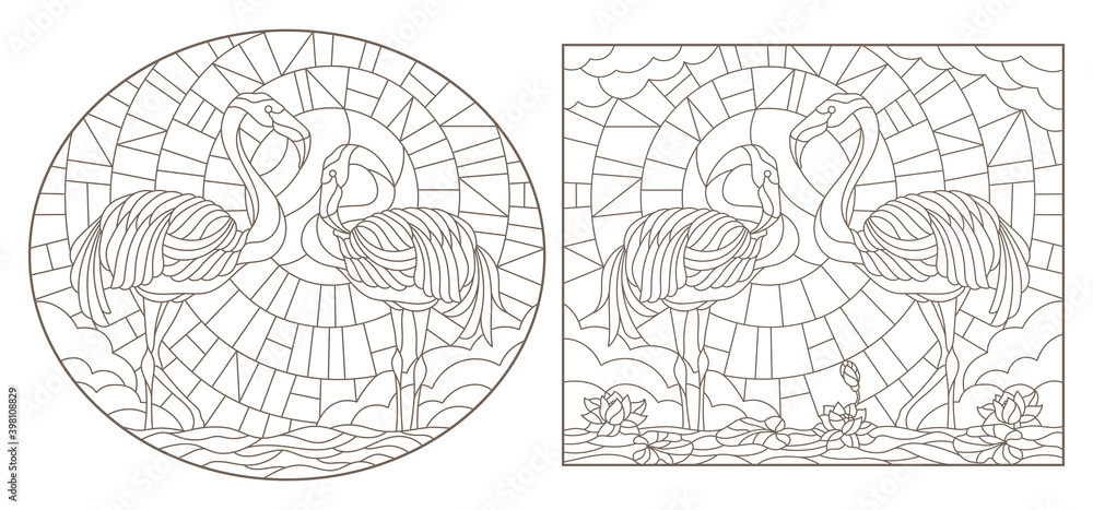 Set contour illustrations of stained glass with flamingos and lotuses on a pond on a background sky and sun, dark outlines on a white background