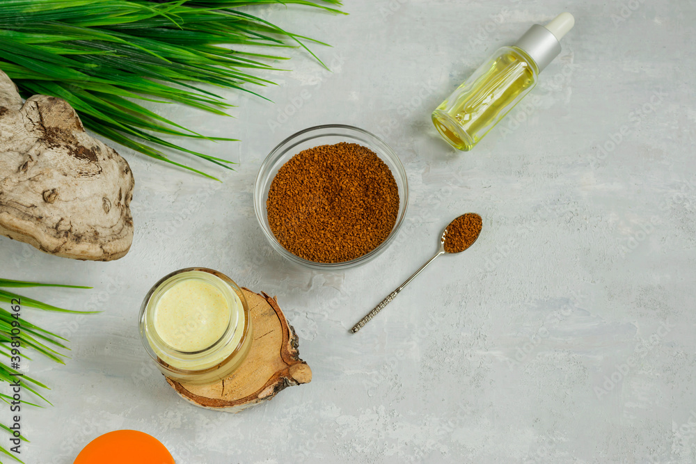 Chaga birch mushroom is a fashionable concept in cosmetics. Natural cream, essential oil with chaga in a glass container on a light background. Naturopathy. SPA. Natural antioxidant. Flat lay. Chaga birch mushroom is a fashionable concept in cosmetics. Natural cream, essential oil with chaga in a glass container on a light background. Naturopathy. SPA. Natural antioxidant. Flat lay.