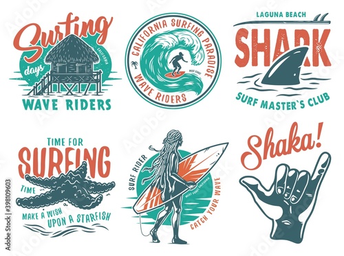 Summer surfing print set with surfer on wave. shaka, shark starfish on coast and surfboard. Vector colored t-shirt hawaii apparel design