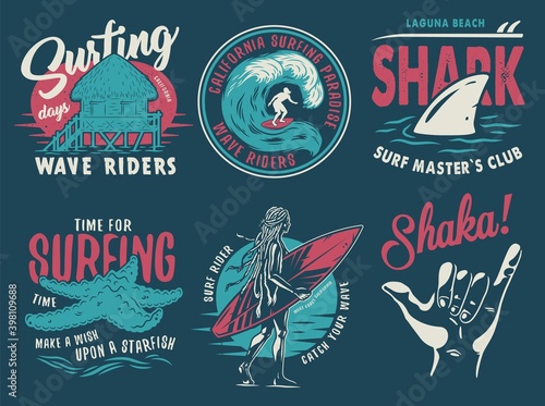 Summer surfing print set with surfer on wave, shaka, shark starfish on coast and surfboard. T-shirt hawaii apparel design	