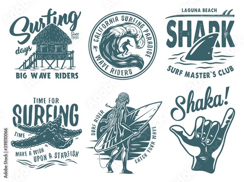 Summer surfing print set with surfer on wave, shaka, shark starfish on coast and surfboard. T-shirt hawaii apparel design