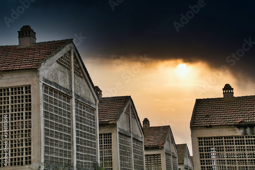 Exterior view of old abandoned tobacco drying rooms with a dramatic sky in the background