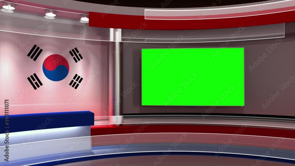 TV studio. South Korea flag studio. South Korea flag background. News studio. The perfect backdrop for any green screen or chroma key video or photo production. 3d render. 3d TV studio. South Korea flag studio. South Korea flag background. News studio. The perfect backdrop for any green screen or chroma key video or photo production. 3d render. 3d