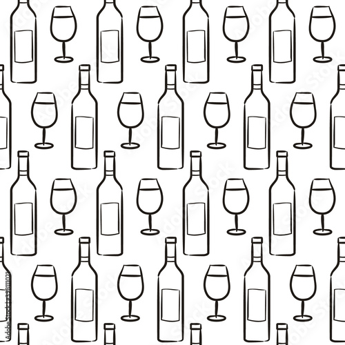 Seamless pattern of hand drawn bottles and glasses of wine. Black-white contour graphics. Vector illustration for winery  restaurant  bar.