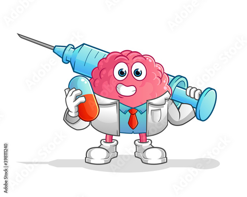 brain doctor holding medichine and injection vector. cartoon character