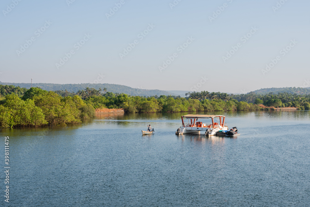 Naklejka premium View of the landscape and Interiors from a boathouse drive in Charpora Goa. Exotic tourism in Goa.