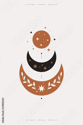 Mystical composition with phases of the moon stars on a light isolated background. Astrological sign in a trendy minimalist style. An abstract esoteric symbol in boho style.