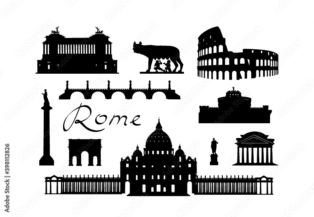 Rome travel landmark set. Italian famous places silhouette icons. Architecture, building, arch, monument, brindge, sculpture main sightseeing tourist signs