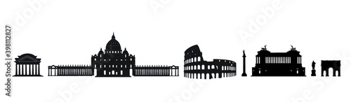 Rome travel landmark set. Italian famous places silhouette icons. Architecture, building, arch, monument, brindge, sculpture main sightseeing tourist signs