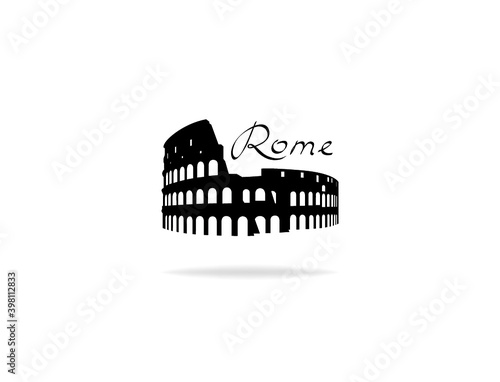 Rome travel landark Coliseum. Italian famous place Coliseum silhouette icon with handwritten Lettering Rome. photo