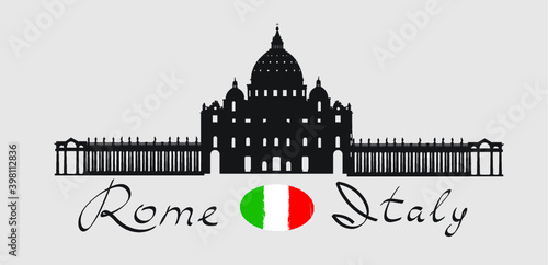 Rome travel landark San Peter Cathedral. Italian famous place San Pietro square silhouette icon with handwritten Lettering Rome Italy and italian flag. photo