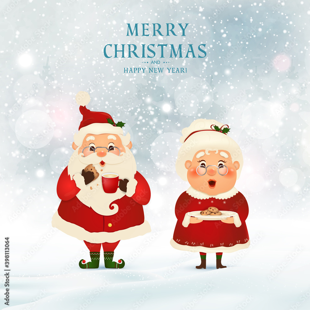Merry Christmas. Happy new year. Santa Claus with Mrs. Claus, Reindeer, snowman in Christmas snow scene winter landscape. Mrs. Claus Together. Vector cartoon character of Santa Claus Merry Christmas. Happy new year. Santa Claus with Mrs. Claus, Reindeer, snowman in Christmas snow scene winter landscape. Mrs. Claus Together. Vector cartoon character of Santa Claus
