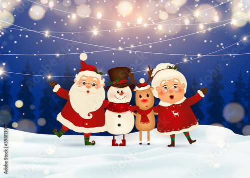 Merry Christmas. Happy new year. Santa Claus with Mrs. Claus, Reindeer, snowman in Christmas snow scene winter landscape. Mrs. Claus Together. Vector cartoon character of Santa Claus