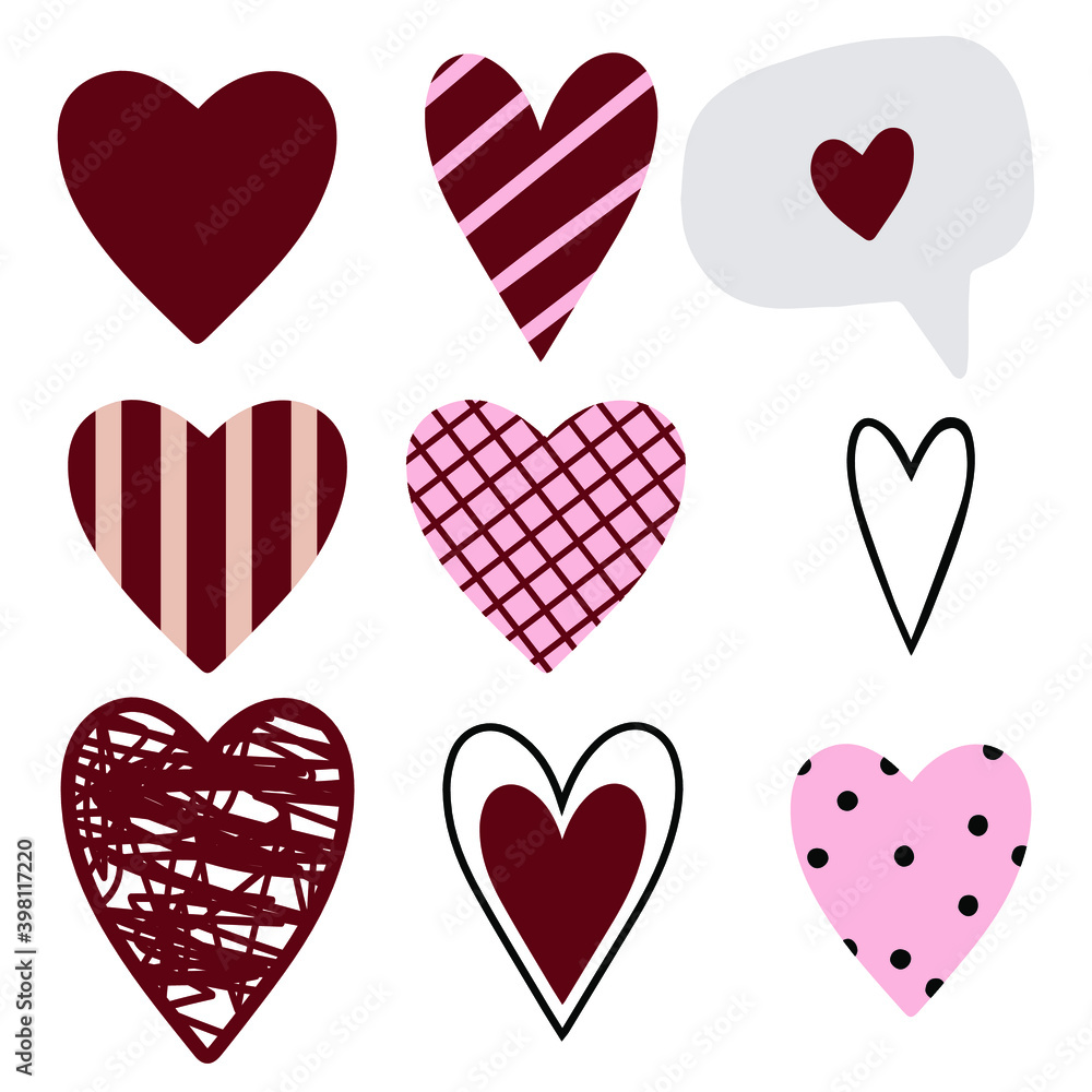 Hearts stickers set. Valentine's day hearts for card, poster, banner, logo, icons, web, pattern, scrapbooking. Flat style illustration. Love symbol, romantic clipart set. Hand drawn. Hearts stickers set. Valentine's day hearts for card, poster, banner, logo, icons, web, pattern, scrapbooking. Flat style illustration. Love symbol, romantic clipart set. Hand drawn.