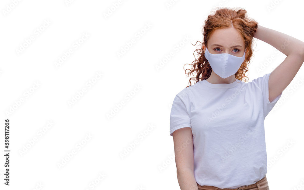Woman wearing protective face mask, posing on white background. Close up studio portrait. isolated, empty copy space for text Woman wearing protective face mask, posing on white background. Close up studio portrait. isolated, empty copy space for text
