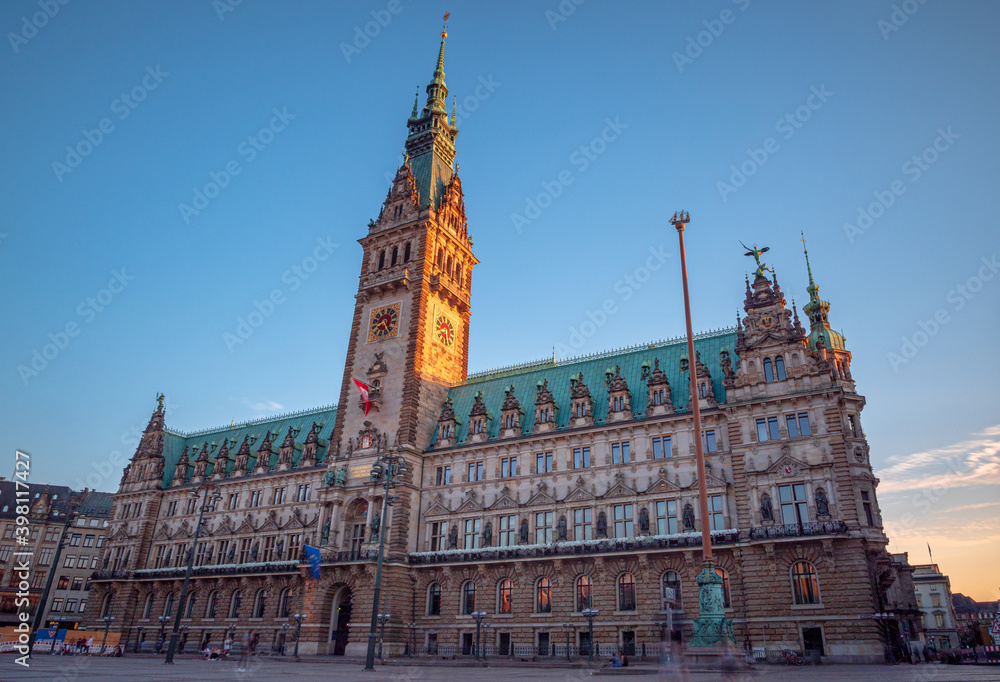 Hamburg City Hall view during golden hour with sunset background