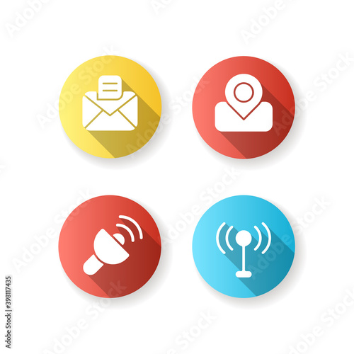 Mobile interface flat design long shadow glyph icons set. Texting and chat application. Maps, GPS. Lantern. Mobile networks. Light source. Real-time location. Silhouette RGB color illustration