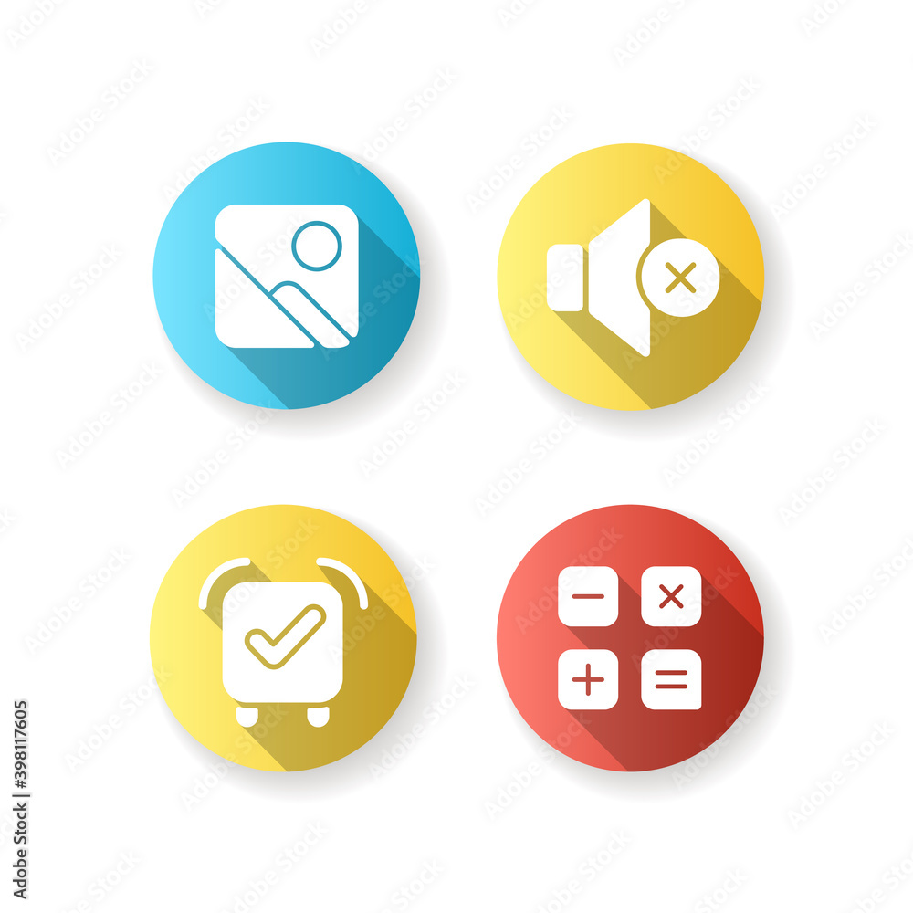 Smartphone interface flat design long shadow glyph icons set. Photo gallery. Silent mode. Alarm clock. Performing calculations. Image editor. Sounds control. Silhouette RGB color illustration Smartphone interface flat design long shadow glyph icons set. Photo gallery. Silent mode. Alarm clock. Performing calculations. Image editor. Sounds control. Silhouette RGB color illustration