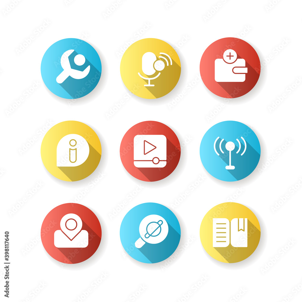 Smartphone interface flat design long shadow glyph icons set. Settings menu. Voice assistant. Wallet. News. Video player. Maps, GPS. Web browser. Book reader. Silhouette RGB color illustration Smartphone interface flat design long shadow glyph icons set. Settings menu. Voice assistant. Wallet. News. Video player. Maps, GPS. Web browser. Book reader. Silhouette RGB color illustration
