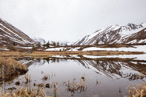 Mountain reflections in pond of Chugach State Park, Alaska photo