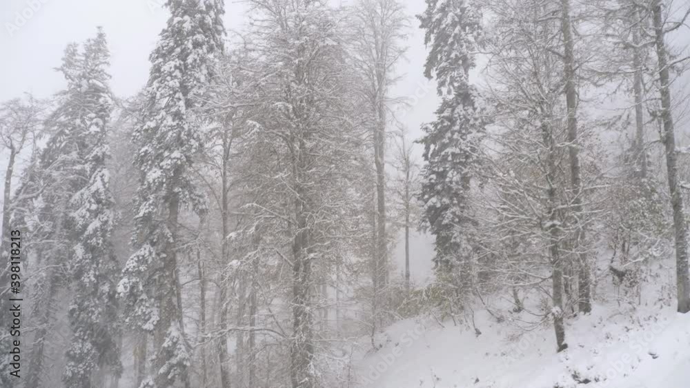 View from cable car gondola movingup in heavy snowfall. View from cable car gondola movingup in heavy snowfall.