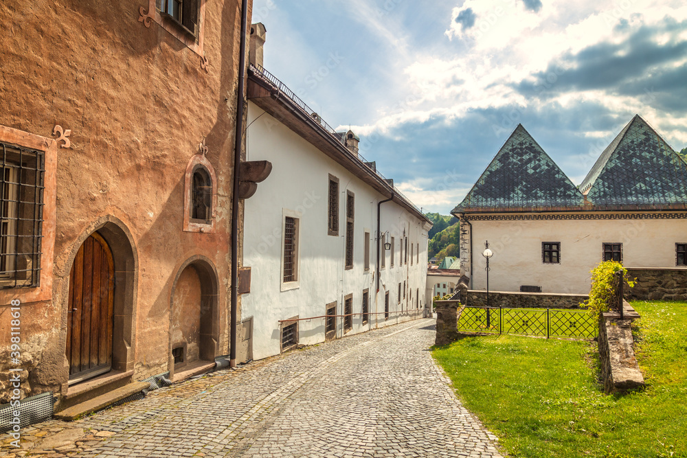 Historic street in centre of Kremnica, important medieval mining town, Slovakia, Europe.
