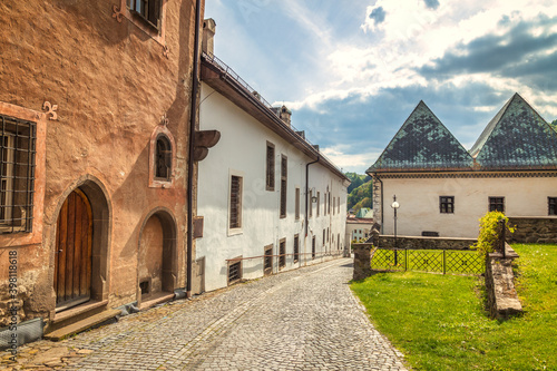 Historic street in centre of Kremnica, important medieval mining town, Slovakia, Europe. photo