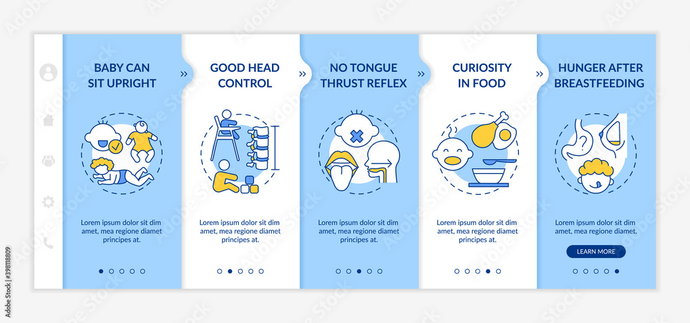Introducing baby food requirements onboarding vector template. Baby can sit upright. Good head control. Responsive mobile website with icons. Webpage walkthrough step screens. RGB color concept