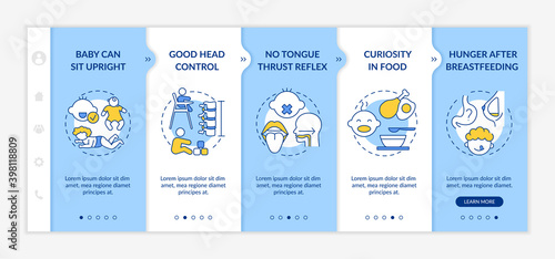 Introducing baby food requirements onboarding vector template. Baby can sit upright. Good head control. Responsive mobile website with icons. Webpage walkthrough step screens. RGB color concept