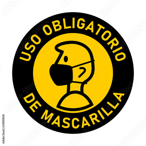 Uso Obligatorio De Mascarilla ("It is Mandatory to Wear a Face Mask" in Spanish) Round Badge Sticker Instruction Sign. Vector Image.