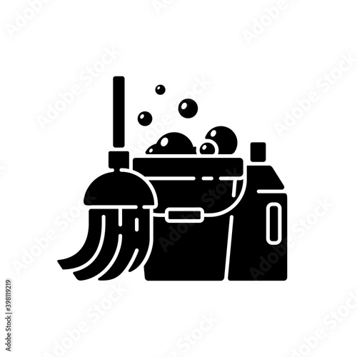 Floor mopping black glyph icon. Household chore, washing floors. Domestic cleanup silhouette symbol on white space. Professional janitorial service. Cleaner supplies. Vector isolated illustration